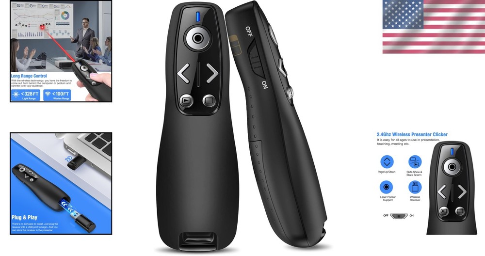 Long-Range PowerPoint Clicker with Hyperlink & Volume Control for Professionals