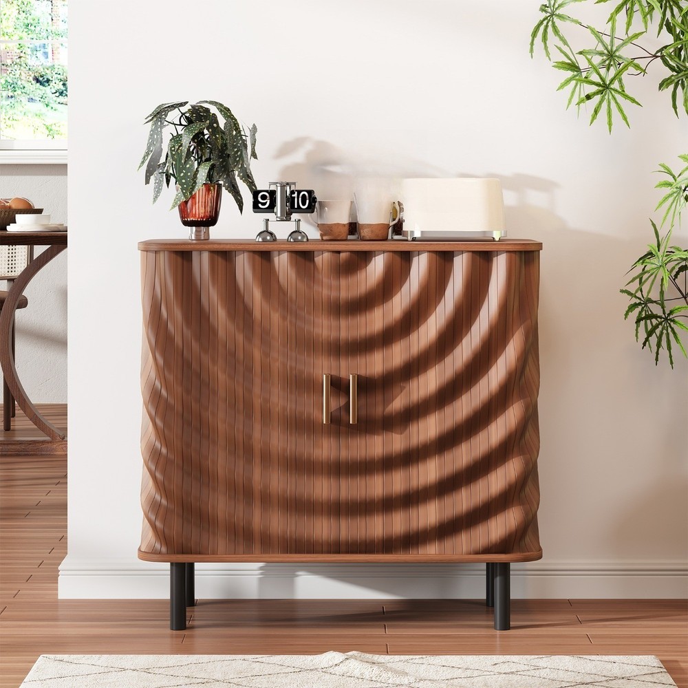 32" Sideboard Walnut Entryway Sideboard Cabinet with Smooth Sliding Door, Adjust