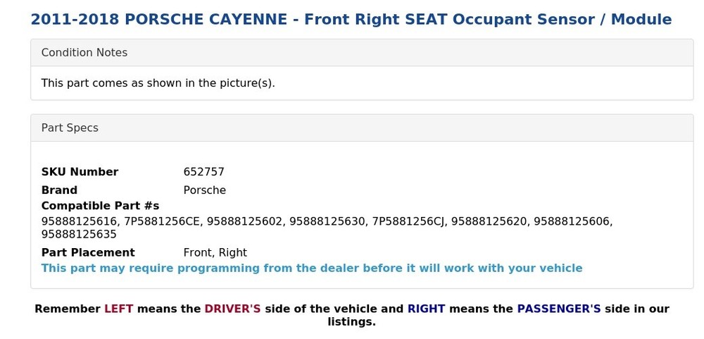 2011-2018 PORSCHE CAYENNE - Front Right SEAT Occupant Sensor / Module