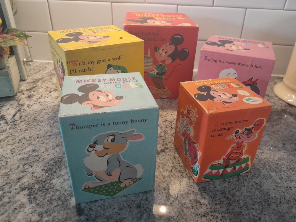 Vintage Disney Mickey Mouse Shelving Stacking Blocks Nesting, Minnie, Donald
