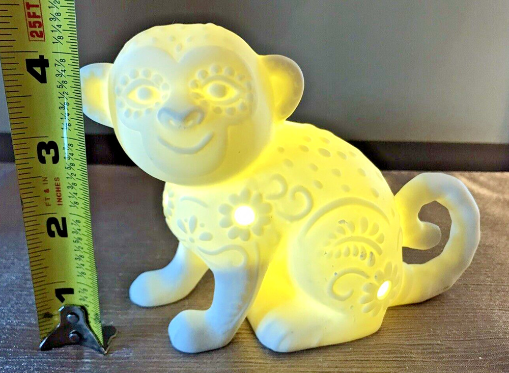 Lighted Monkey Night Light Accent Light White Bisque Battery Operated 4"
