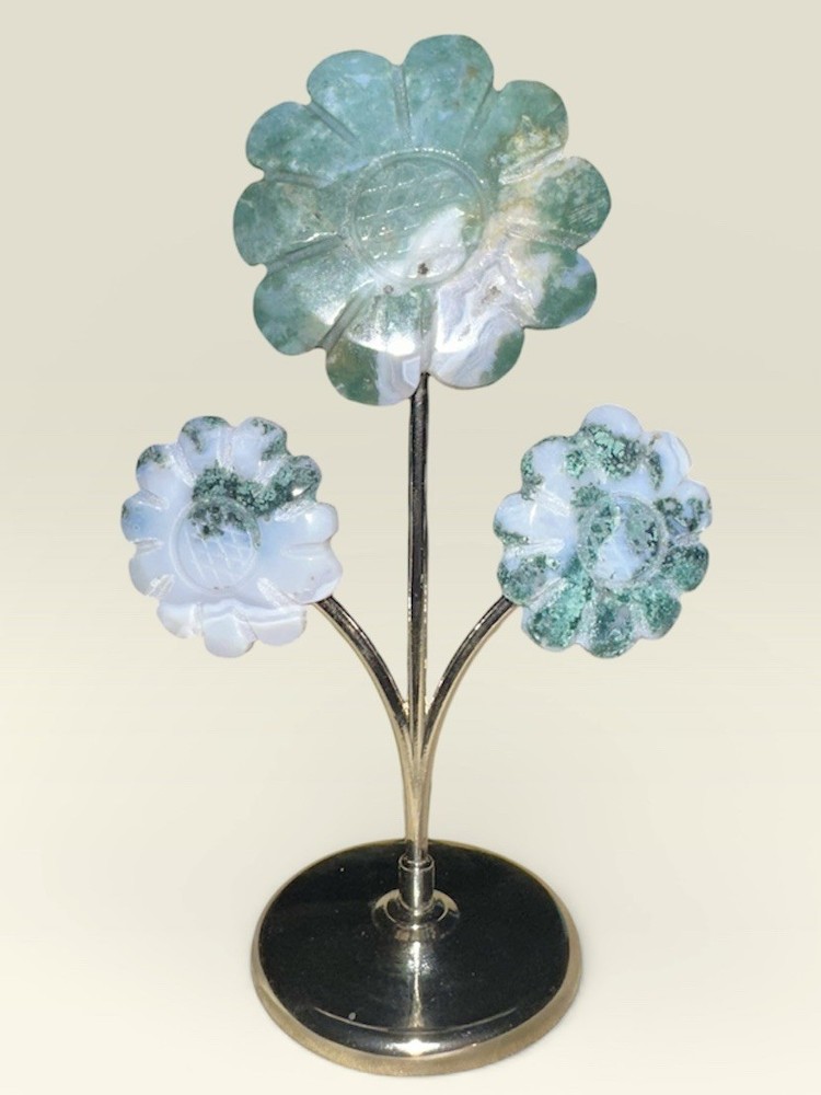 Moss Agate Crystal  Carving 3 Stem Flower Bunch