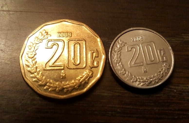 Scarse (2) 20 Centavos 2009 TYPE 1 & TYPE 2 Mexico