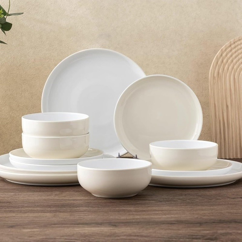 Premium Ceramic 12 Piece Dinnerware Set Microwave Dishwasher Safe Modern Design