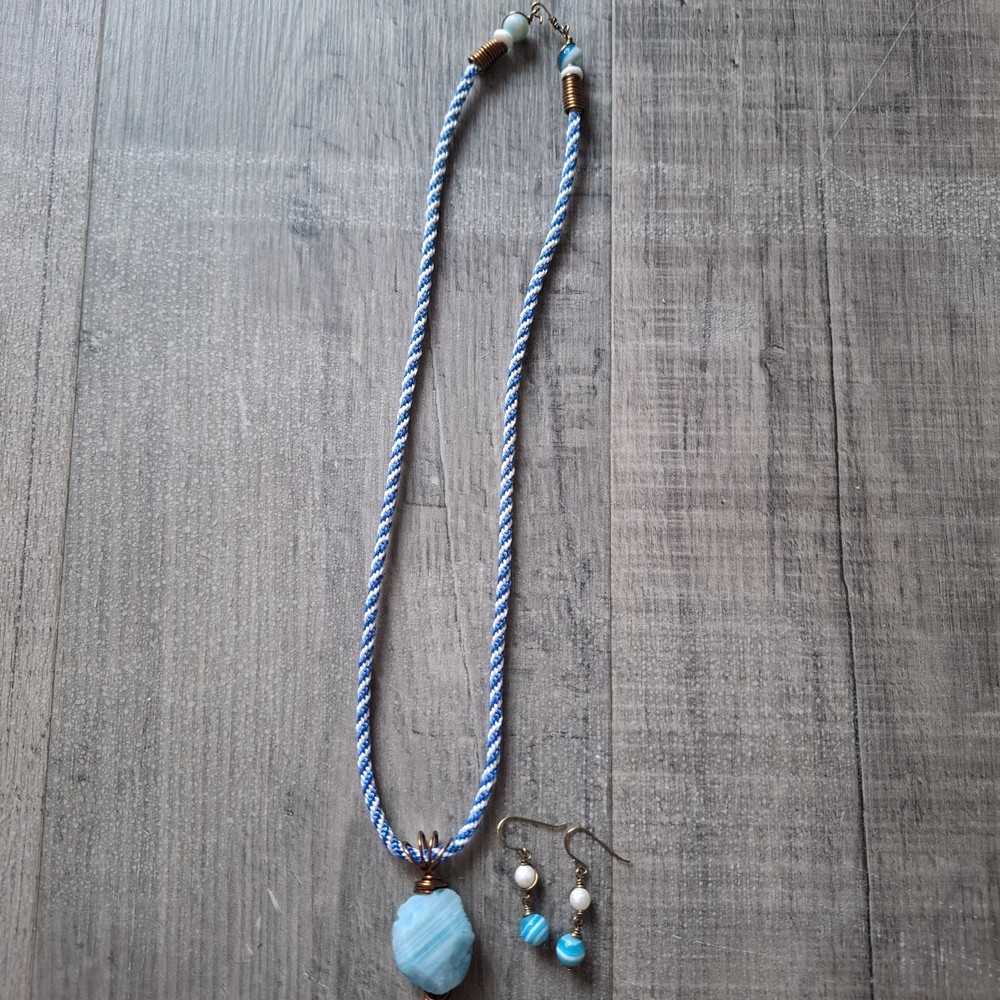 Statement Wire Wrapped Boho Blue Stone Style Necklace And Earrings Set Boho