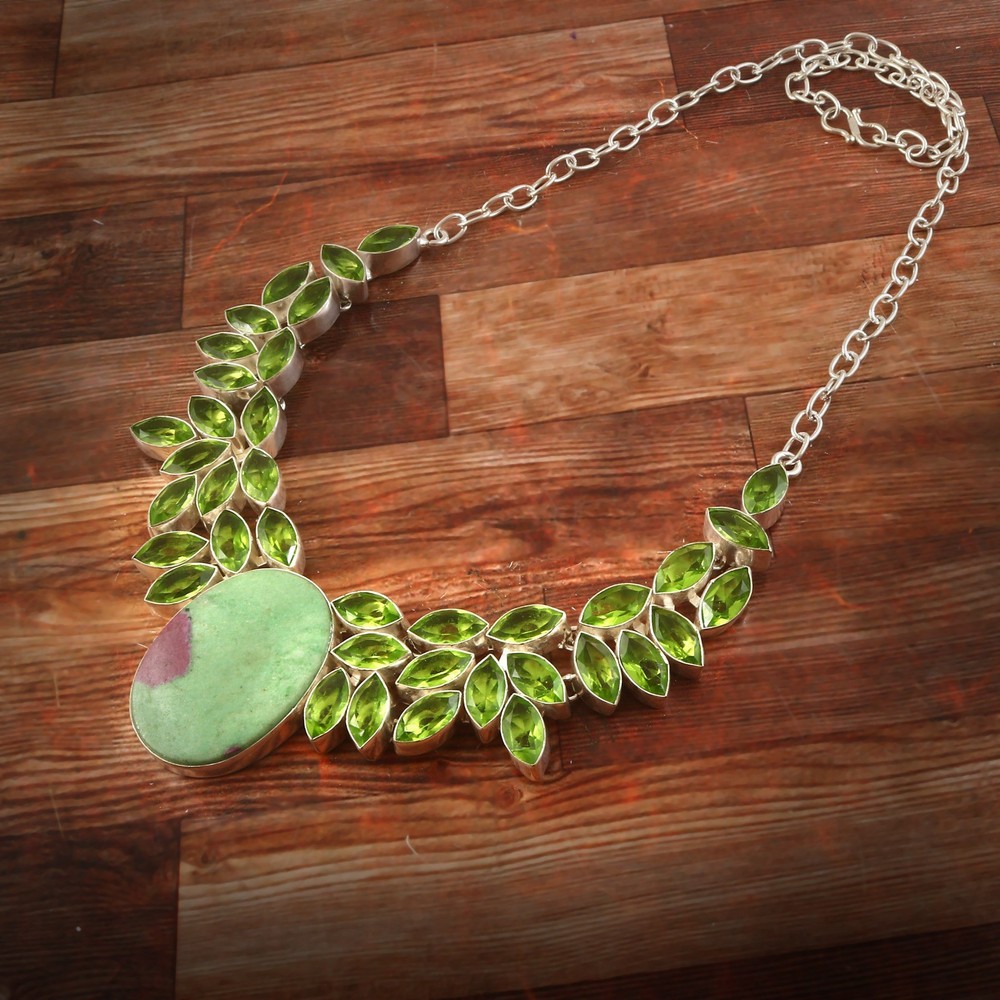 Silver Plated Green Peridot Statement Necklace Handmade Leaf Design Ethnic