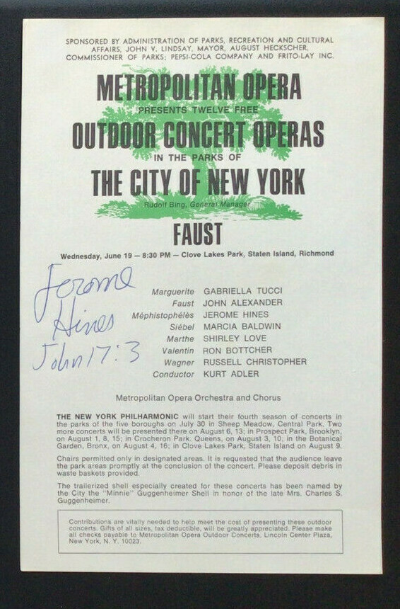 Jerome Hines Signed Flyer / Autographed Opera Singer