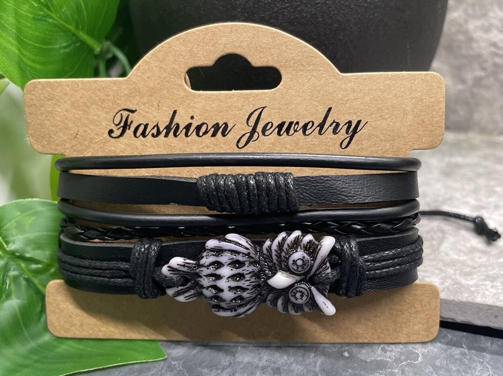 2 PC PU Leather Bracelet Set  Stackable Adjustable Tie Free Ship Owl B3344