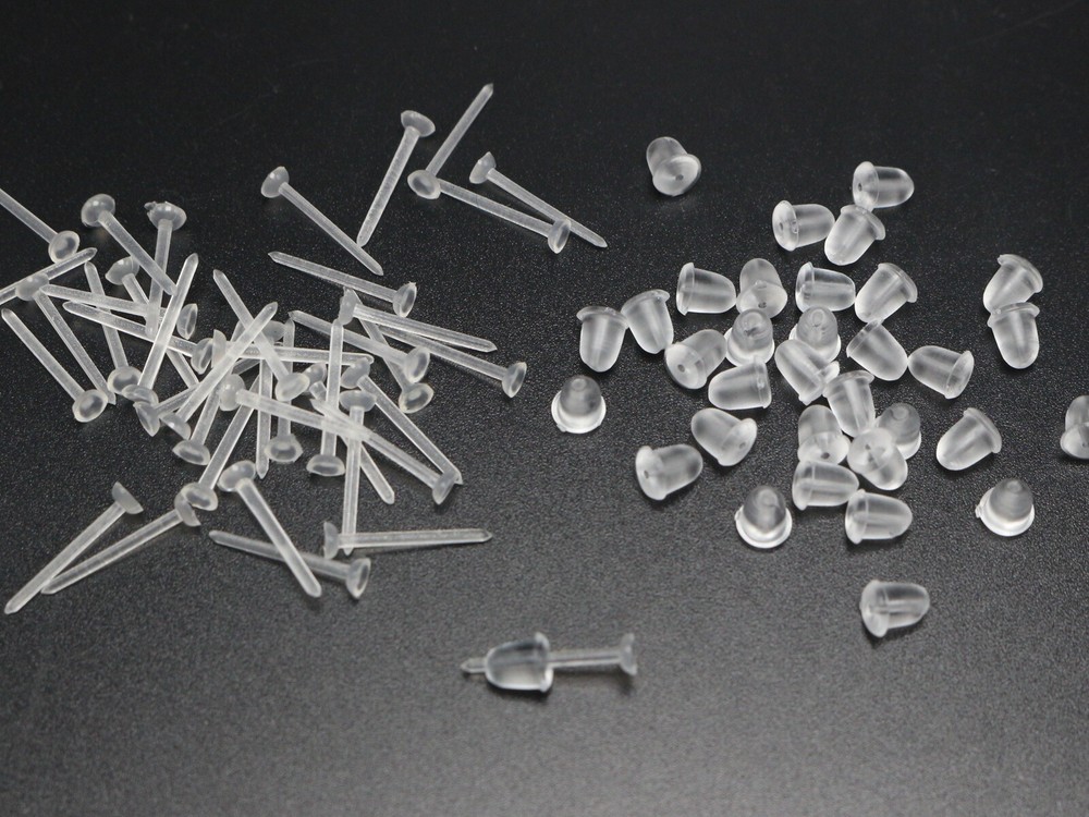 200 Invisible Clear Plastic Flat Blank Pad Earring Nail Pin Ear Post Stud
