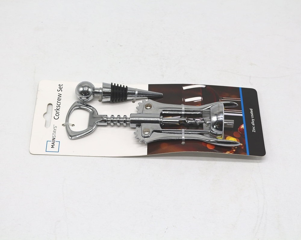 Stainless Steel Wing Corkscrew and Wine Stopper Set, Silver