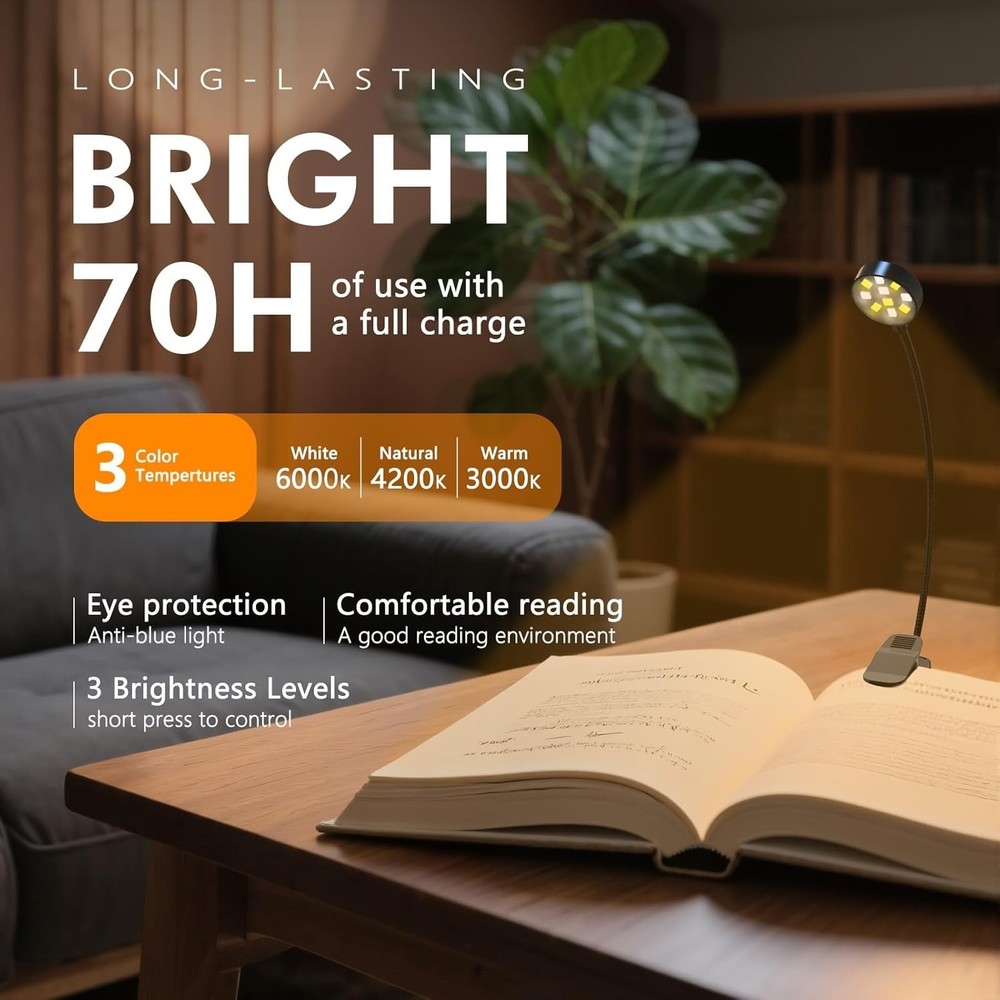 Rechargeable LED Reading Light 10 LEDs Adjustable Brightness 3 Color Modes