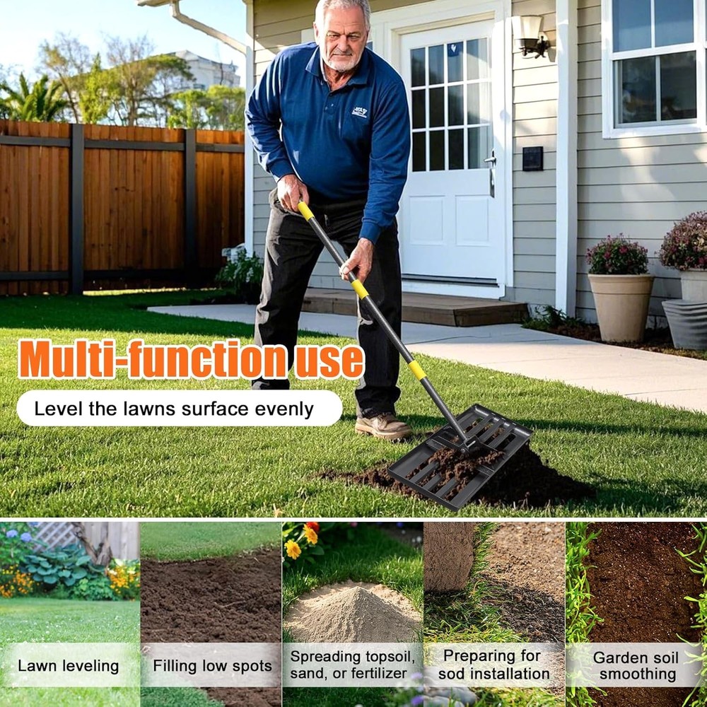 Lawn Leveling Rake, 6 FT Adjustable Long Handle Leveling Rake, Black Heavy Duty