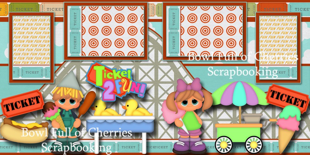 TICKET 2 FUN ~ 2 premade scrapbook pages paper piecing layout VACATION ~ CHERRY