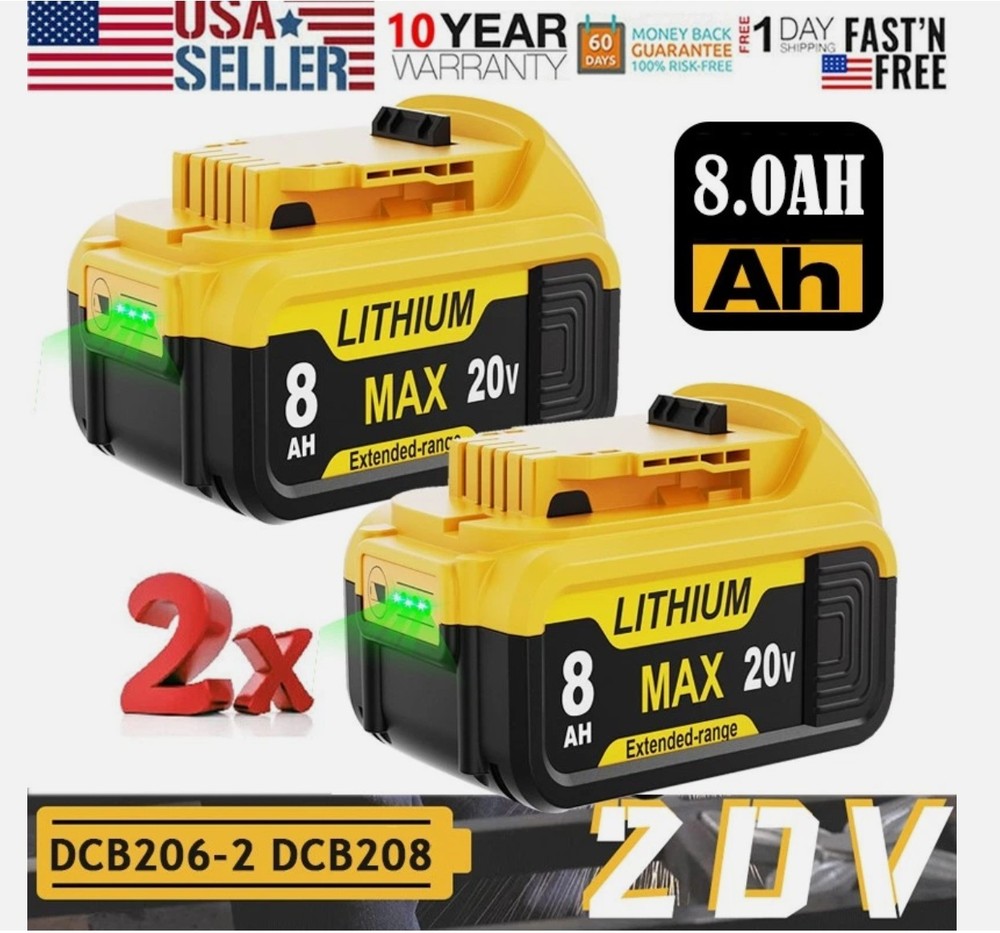 2PC 8.0Ah Battery Replace for Dewalt 20V DCB208 DCB206 Drill Tools LED Indicator
