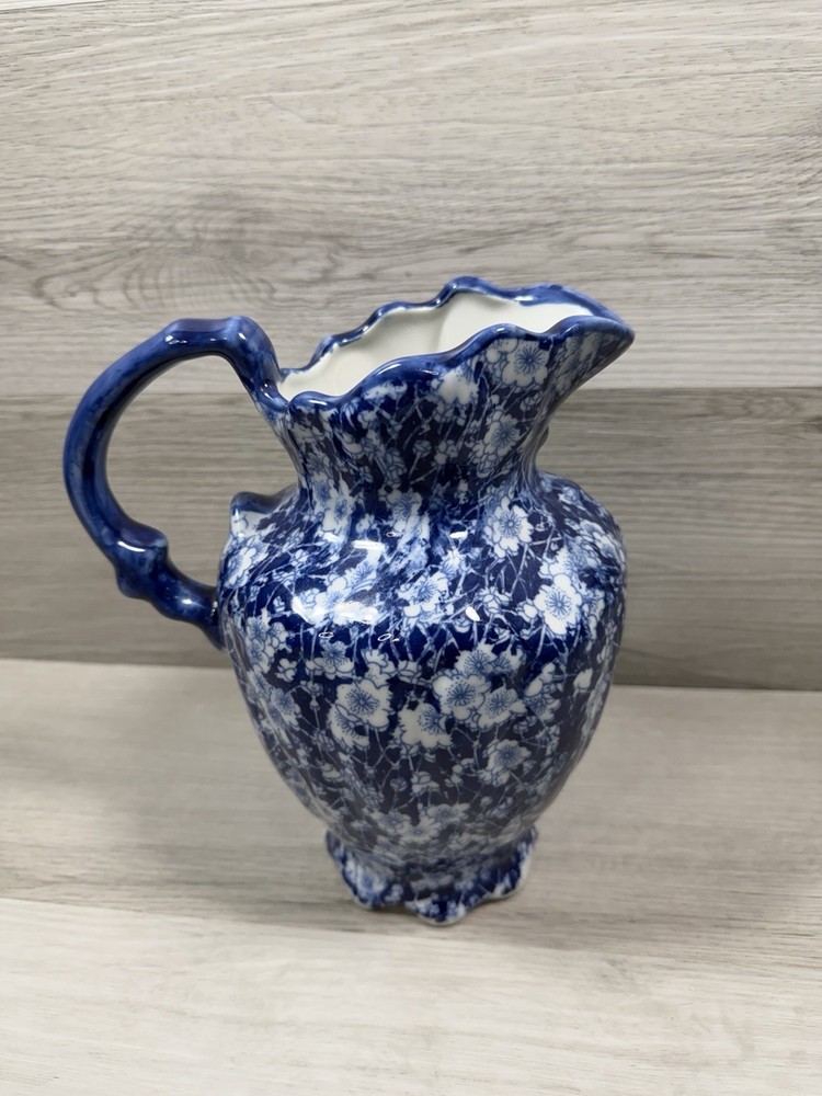 Vintage Victoria Ware Ironstone Pitcher Flow Blue Calico Floral Pattern