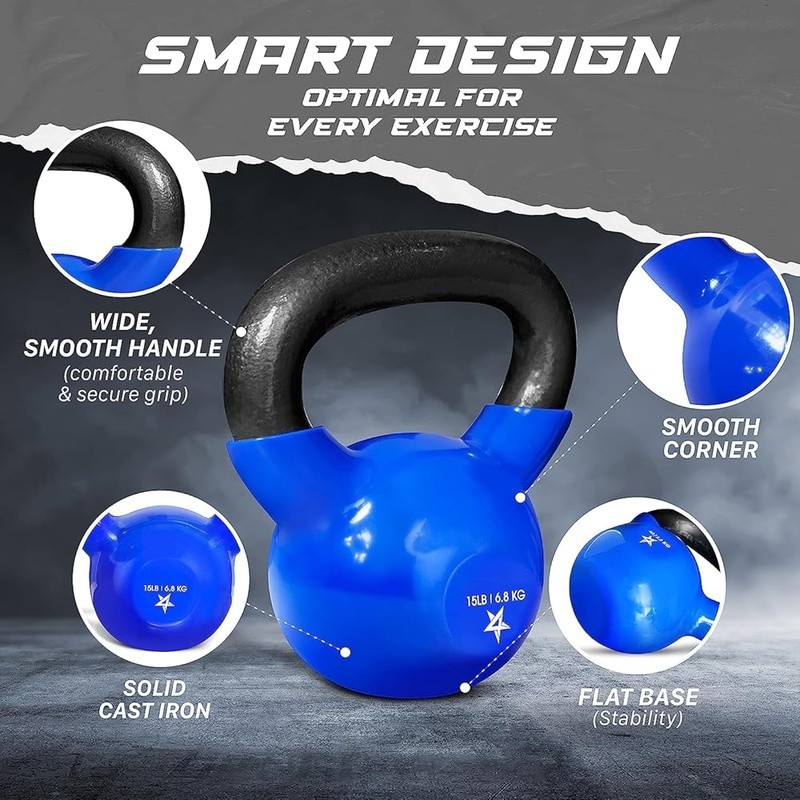 Cast Iron Kettlebell Durable Vinyl Coated Smooth Handle Flat Bottom Stability US
