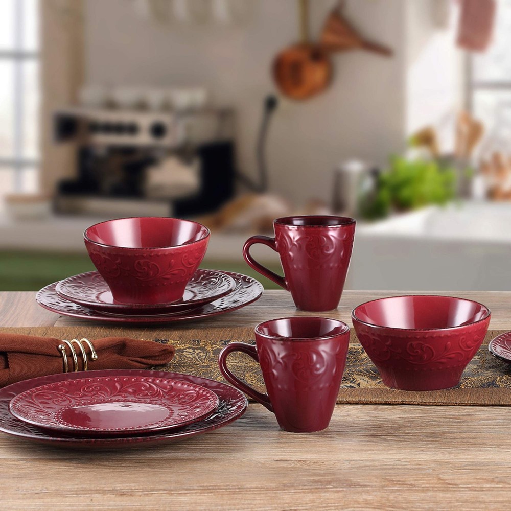 16 Piece Stoneware Scroll Dinnerware Red