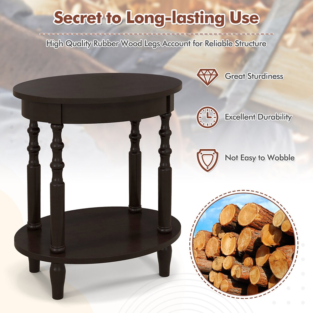 2-Tier End Table Oval Compact Sofa Side Nightstand w/ Storage Shelf Espresso