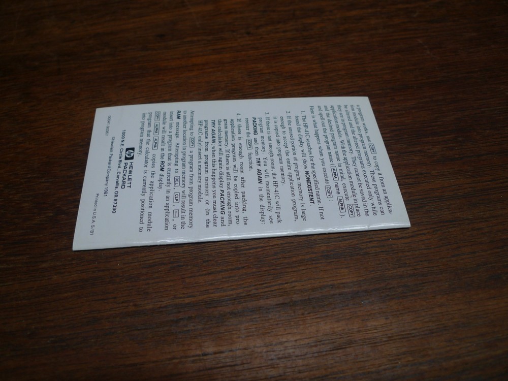 HP-41C/CV ORIGINAL VINTAGE CALCULATOR REFERENCE GUIDE