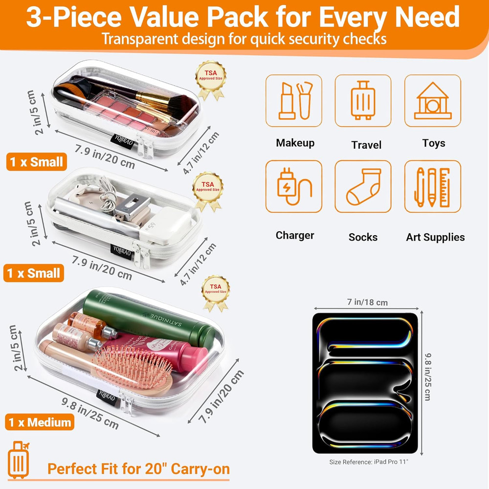 6 Pack Clear Hard Shell Zipper Case (4 Small & 2 Medium), Hard Plastic Organizer