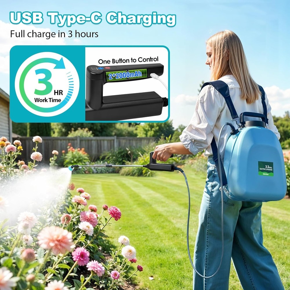3.2 Gallon Battery Powered Backpack Sprayer, Electric Back Pack Sprayer with 3 S