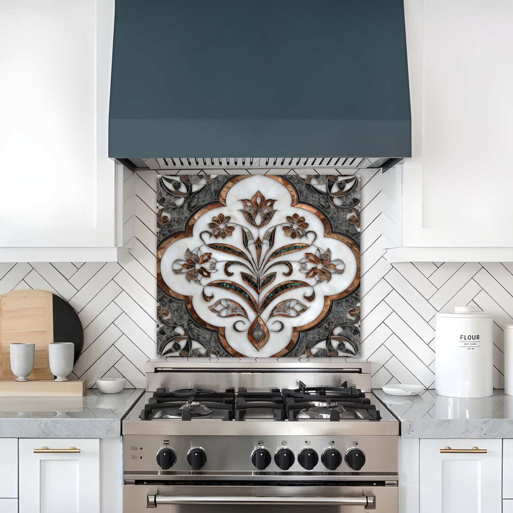 Ottoman Pattern on Marble Print Background Glass Backsplash for Kitchen Stove