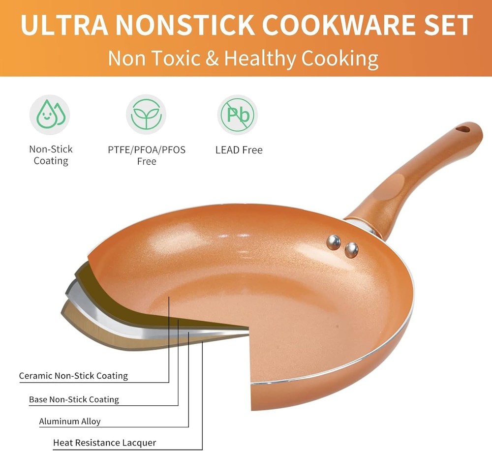 Pots and Pans Set Ultra Nonstick, Pre-Installed 11pcs Cookware Set Copper wit...