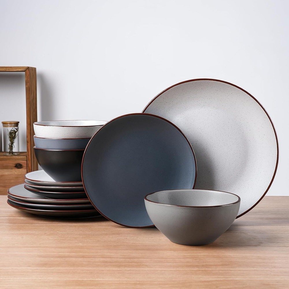 Plate and Bowl Set, 12 Piece Stoneware, Dinnerware Set for 4, Multicolor