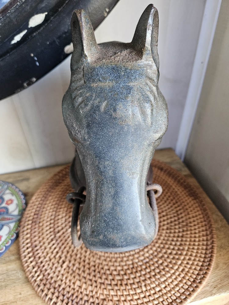 Circa 1900 : Two Double Ring Horse Head Adirons or Hitching Post Toppers