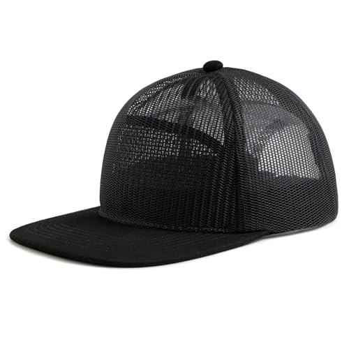 Mesh Flat Bill Snapback Hat, 5-Panel Adjustable Blank Baseball Cap, Black