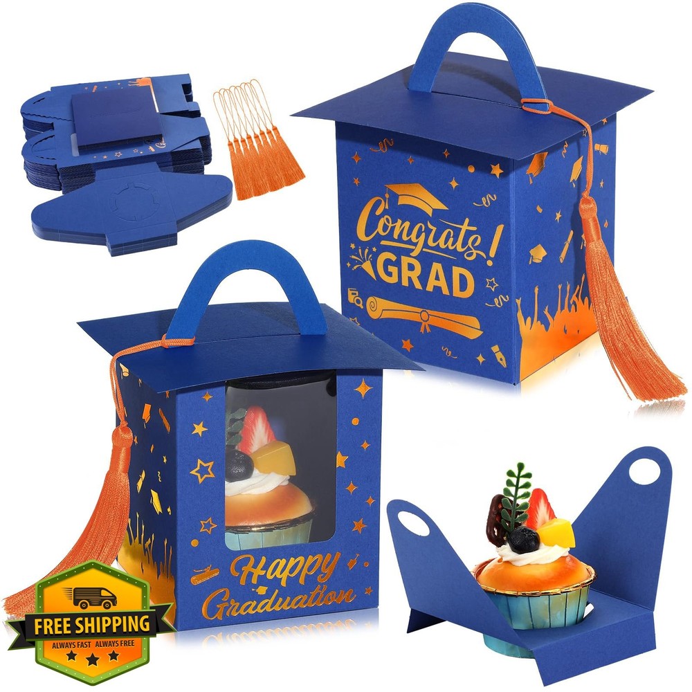 30pc Grad Cupcake Boxes, Candy Container with Window and Tassel, Blue and Orange