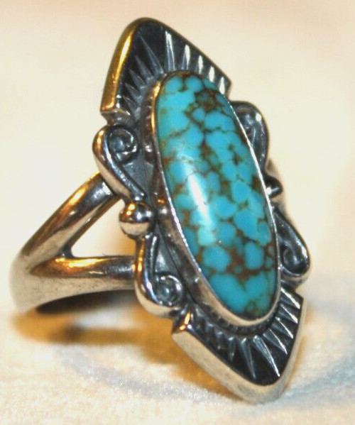 STERLING SILVER GORGEOUS MATRIX TURQUOISE SCROLL RING SIZE 5.75 BELL POST STYLE