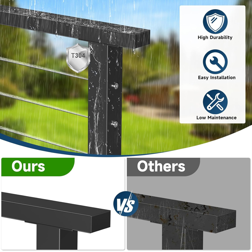 6FT Stainless Steel T304 Handrail Black, 3 Pack Rectangular Cable Railing Handra