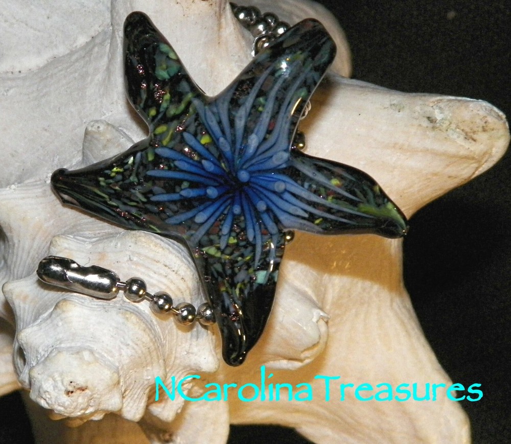 STAR STARFISH GLASS CEILING FAN LIGHT SWITCH PULL DARK BLUE BLACK BURST LG PAIR