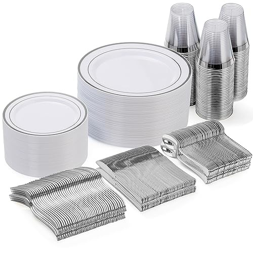 300-Piece Disposable Dinnerware Set for - Plastic Plates, 50 Guests Silver