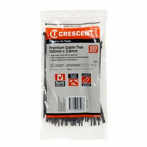 Crescent 150 x 3.6mm Black Cable Ties - 100 Pack