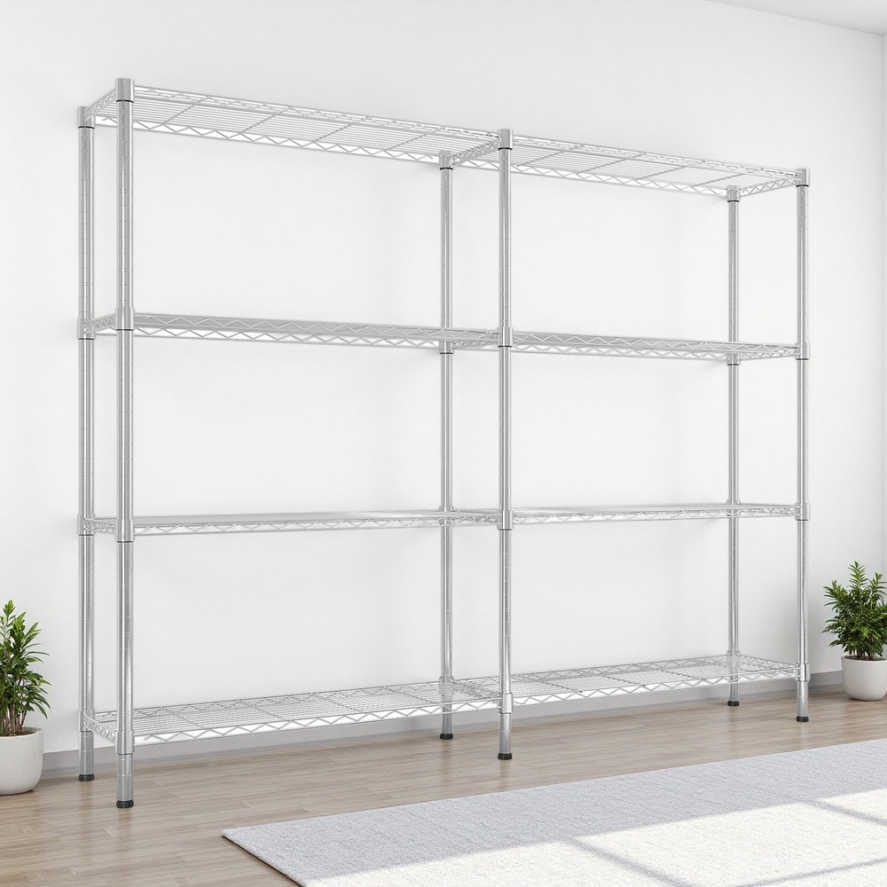 4-Tier Wire Shelving Unit - 2-Column, Heavy Duty, Adjustable, Modular & Silver