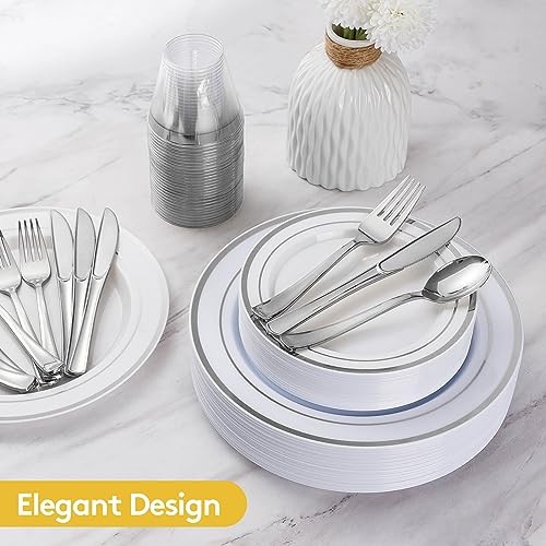 300-Piece Disposable Dinnerware Set for - Plastic Plates, 50 Guests Silver
