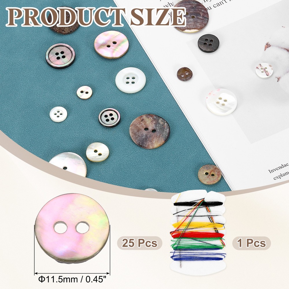 25Pcs 2 Hole 11.5mm Natural Shell Button with Sewing Thread Kit, Colorful