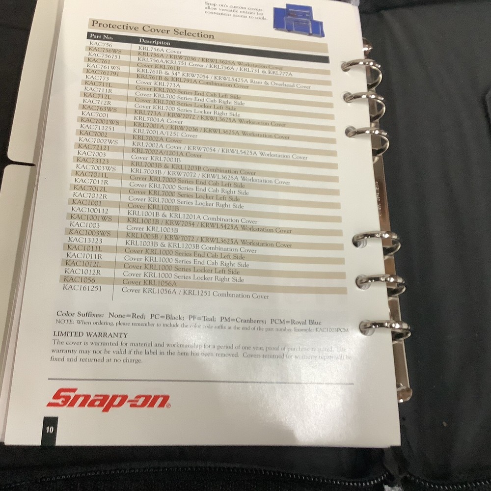 V. Snap On Owners Manual with Binder KRL Tool Box
