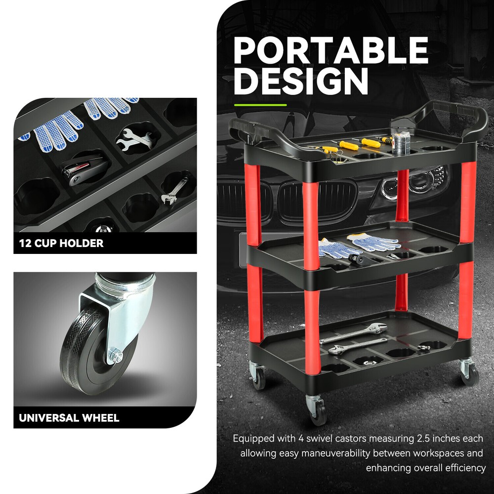 3 Level Composite Workshop Tools Trolley+Casters for Warehouse Garage Office Red
