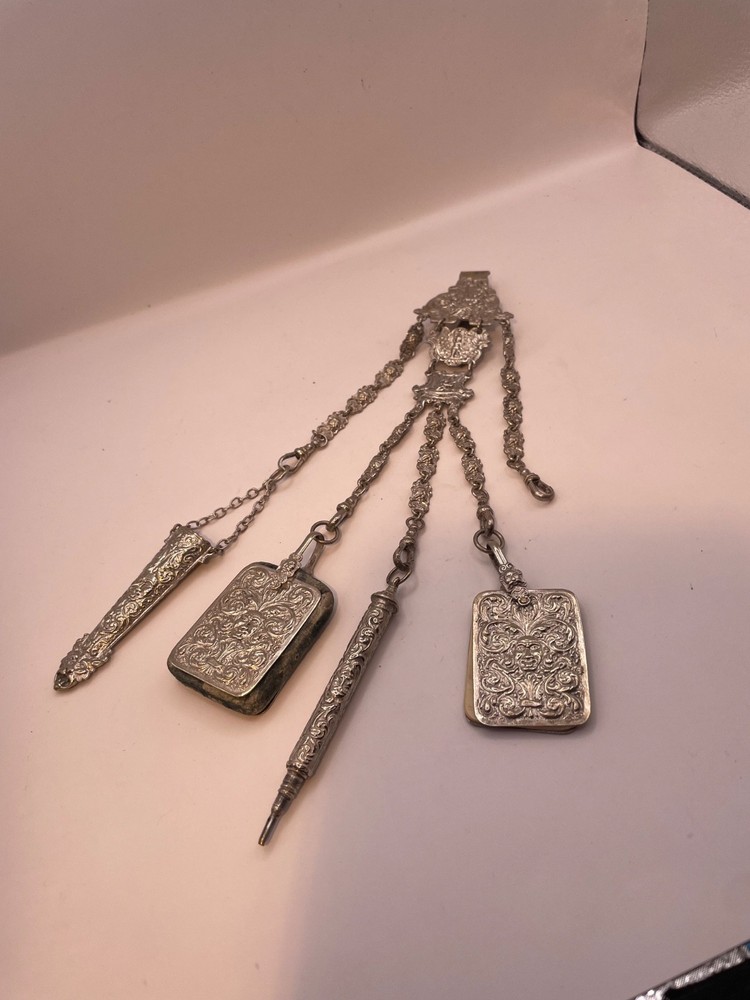 Chatelaine Solid Silver Antique Victorian Continental pin cushion pencil etc