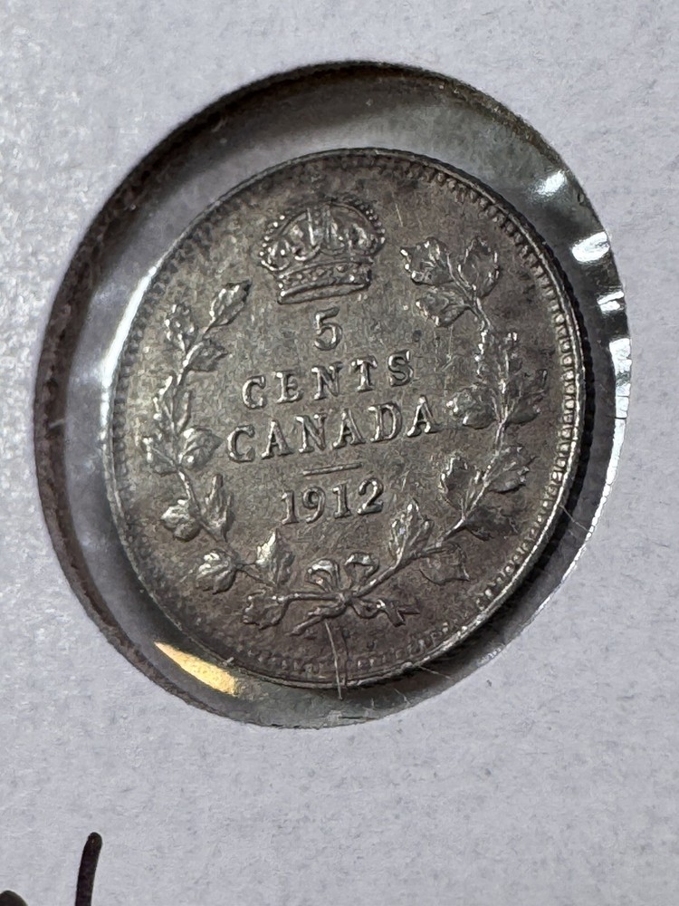 1912 Canada 5 Cents Small Silver Coin Cleaned