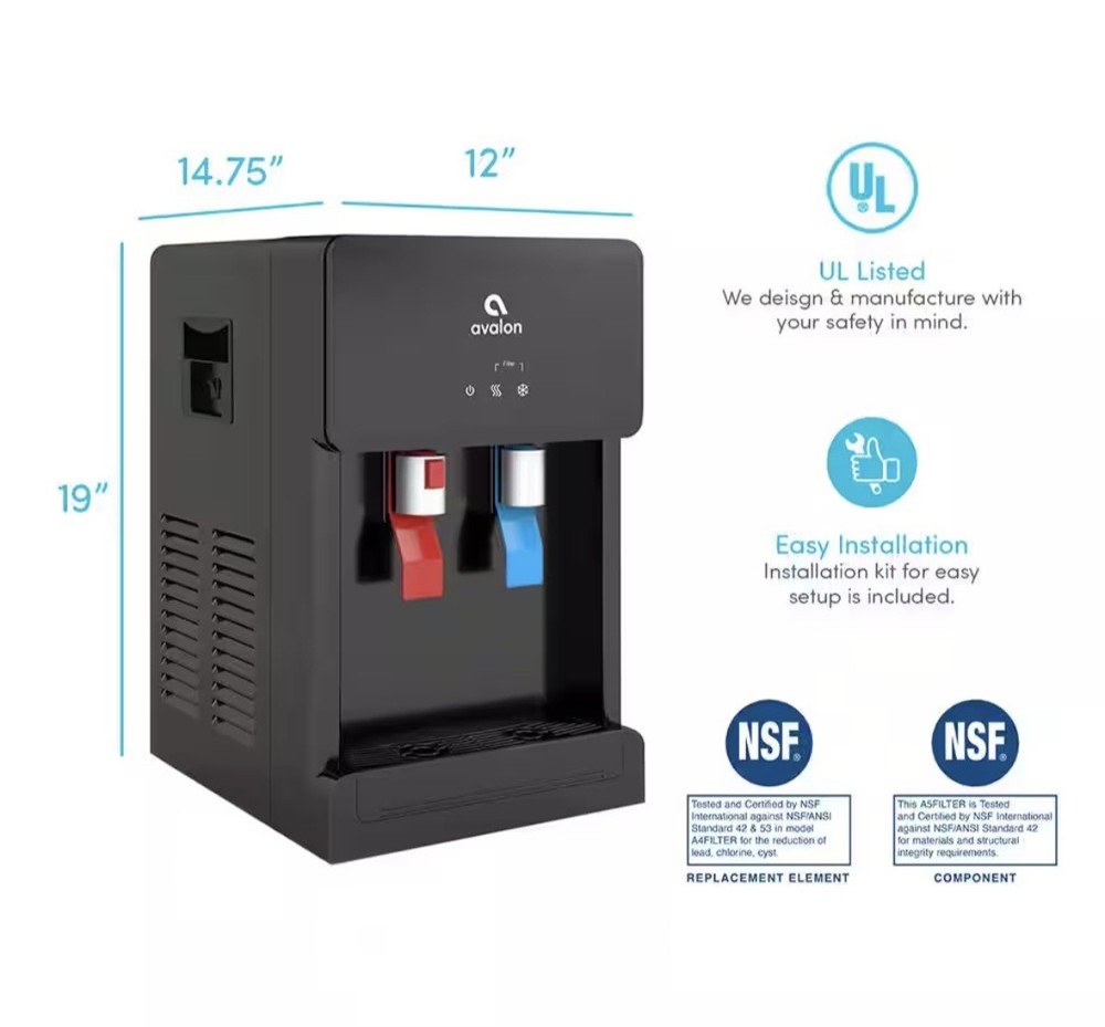 Avalon Countertop Bottleless Water Cooler Hot & Cold NSF Filter Black/White