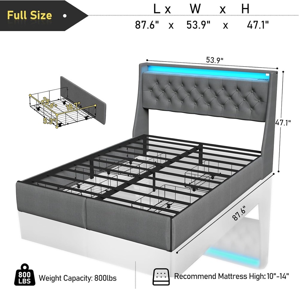 Upholstered King Queen Full Size Bed Frame with Drawers & Charging & Headboard