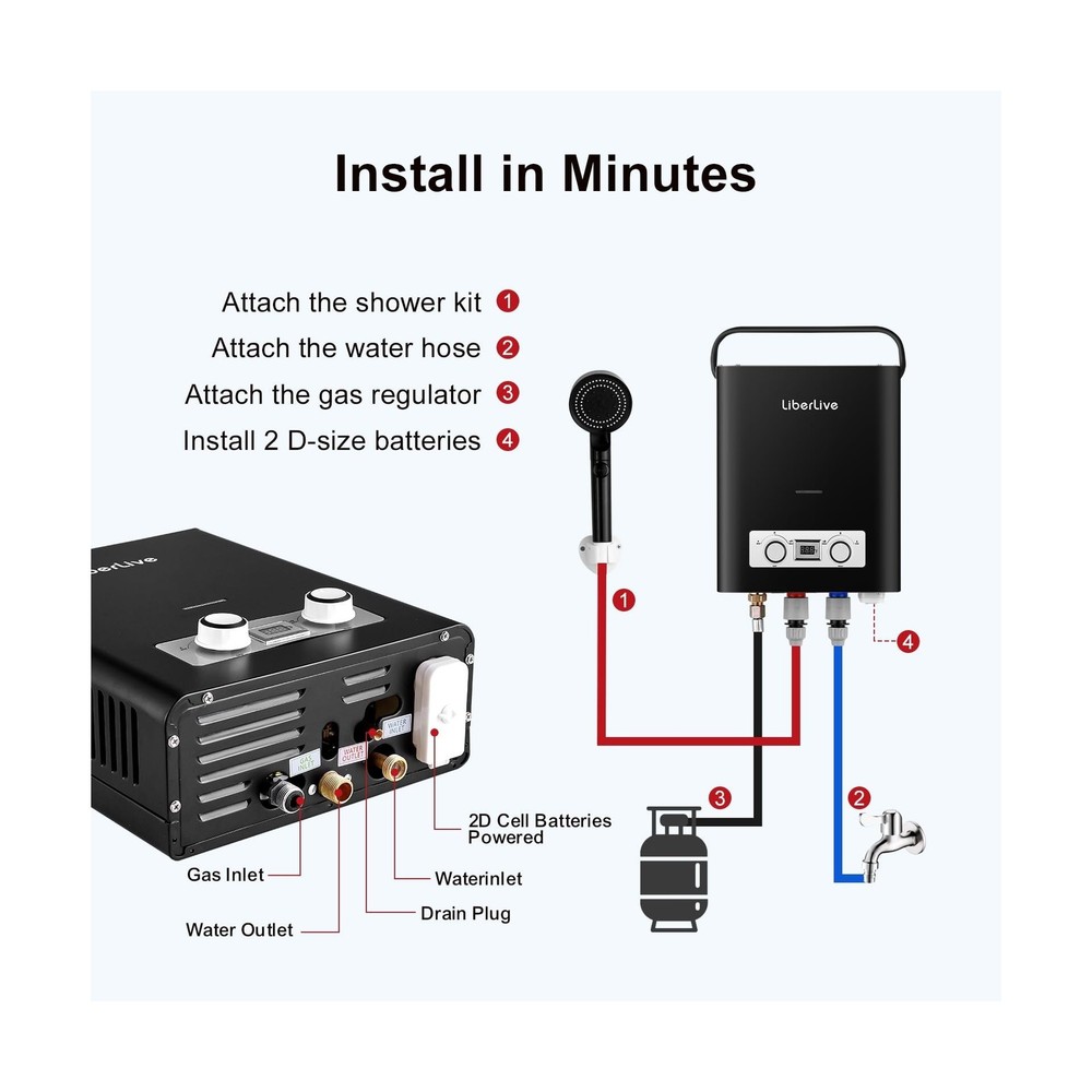 Propane Tankless Water Heater, 5L 1.32 GPM Outdoor Portable Gas Instant Hot W...