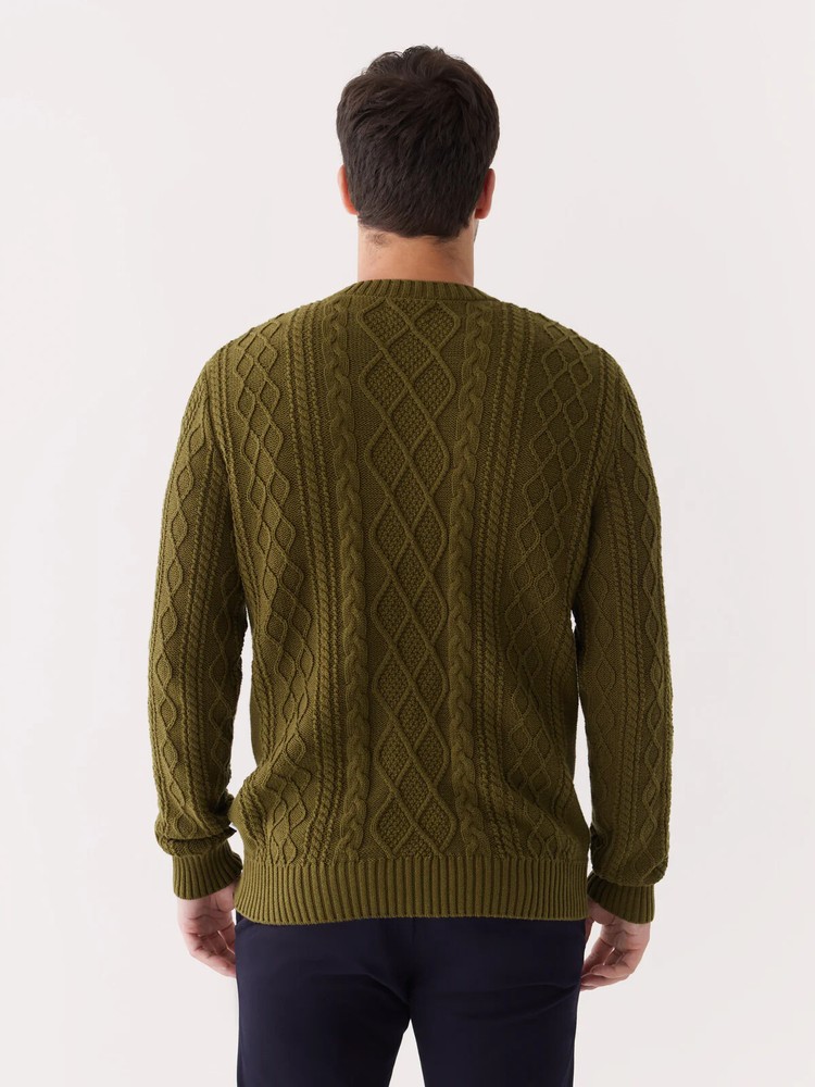 FRANK & OAK Olive Green Cable Knit Cotton Crew Neck Pullover Sweater NEW Medium