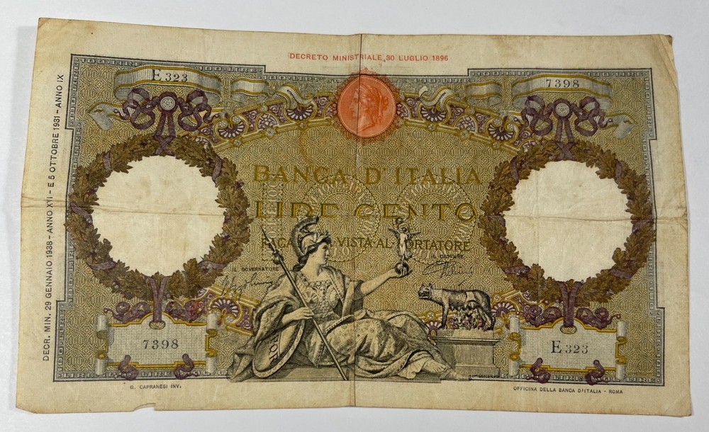 Italy 1936 100 Lire (#671) Lower grade note.