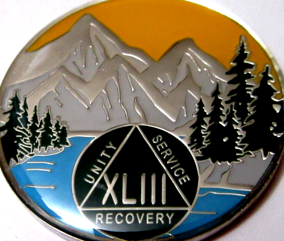 Mountain Blue green Alcoholics Anonymous 43 year AA silver Medallion Coin Token