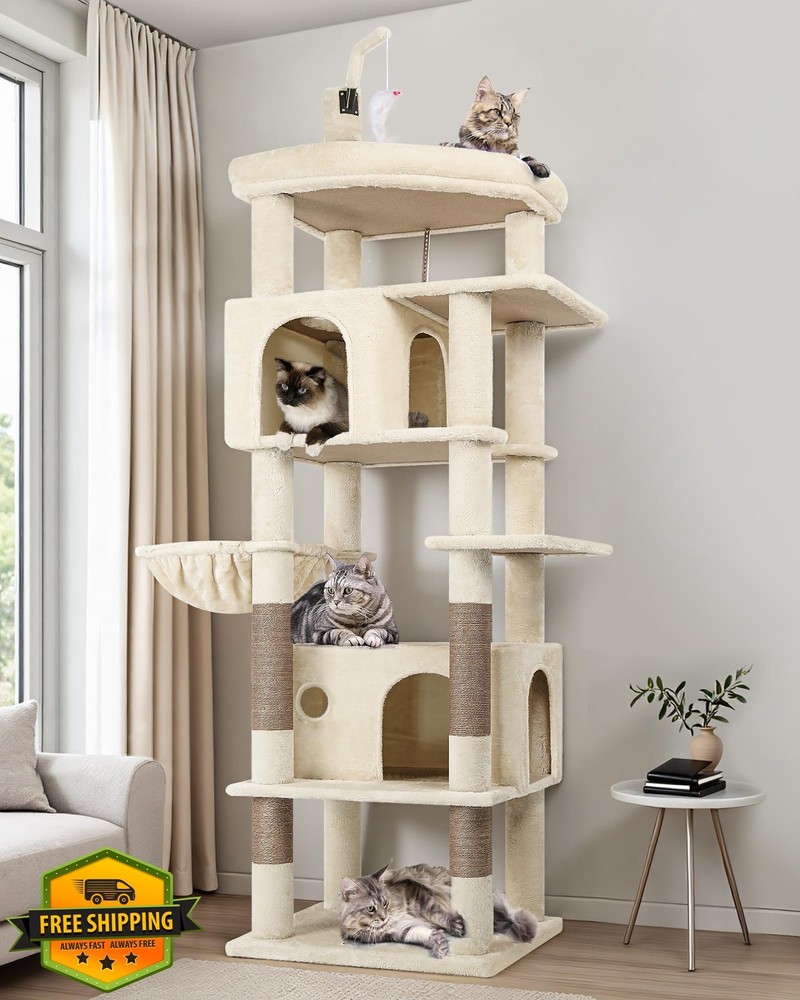 Globlazer 74" Beige Cat Tree Tower 2 Caves Oversized Perch